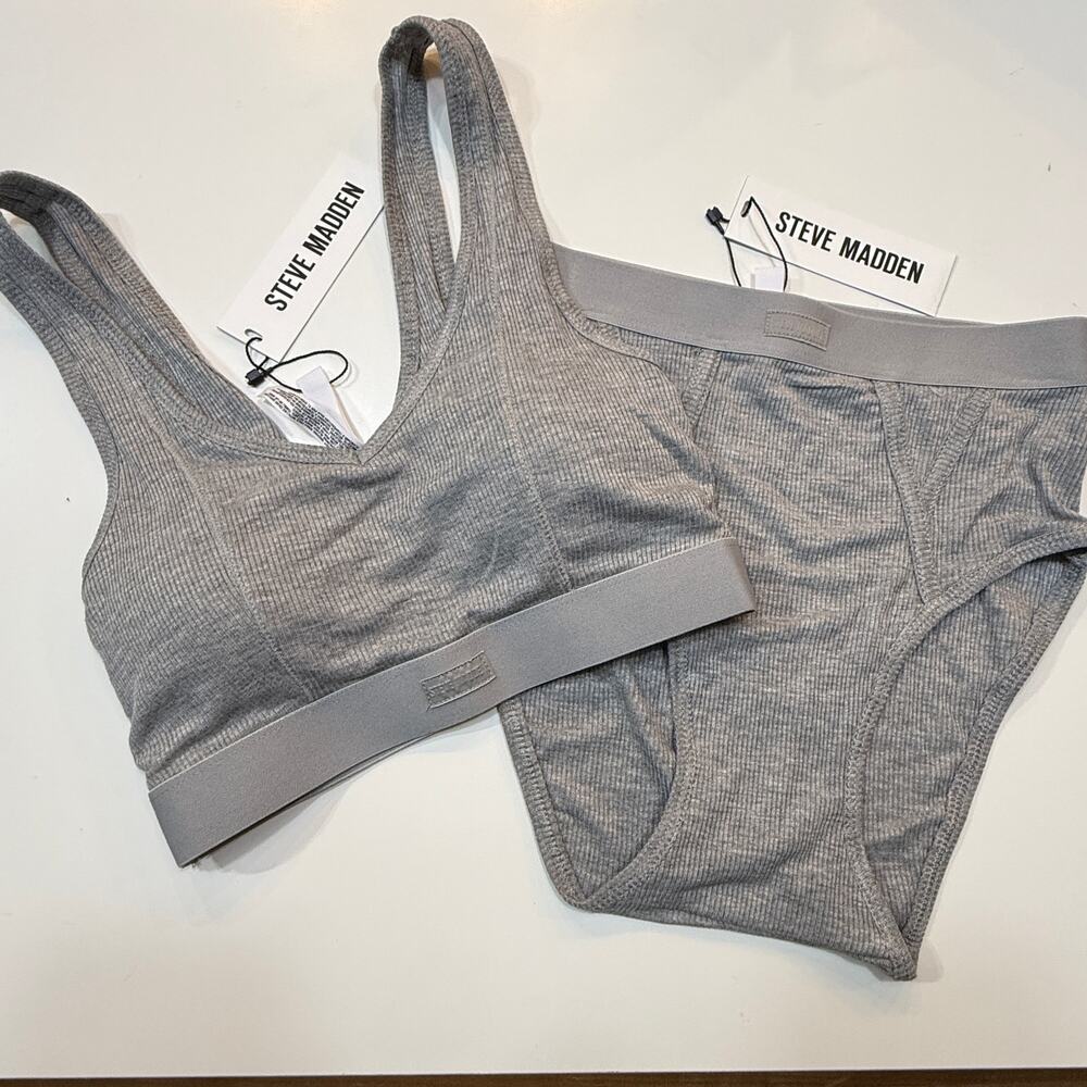 STEVE MADDEN Women's Ribbed Stretch Bralette, panty set heather grey, small